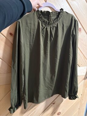 Women’s Olive Ruffle Neck Long Sleeve Blouse